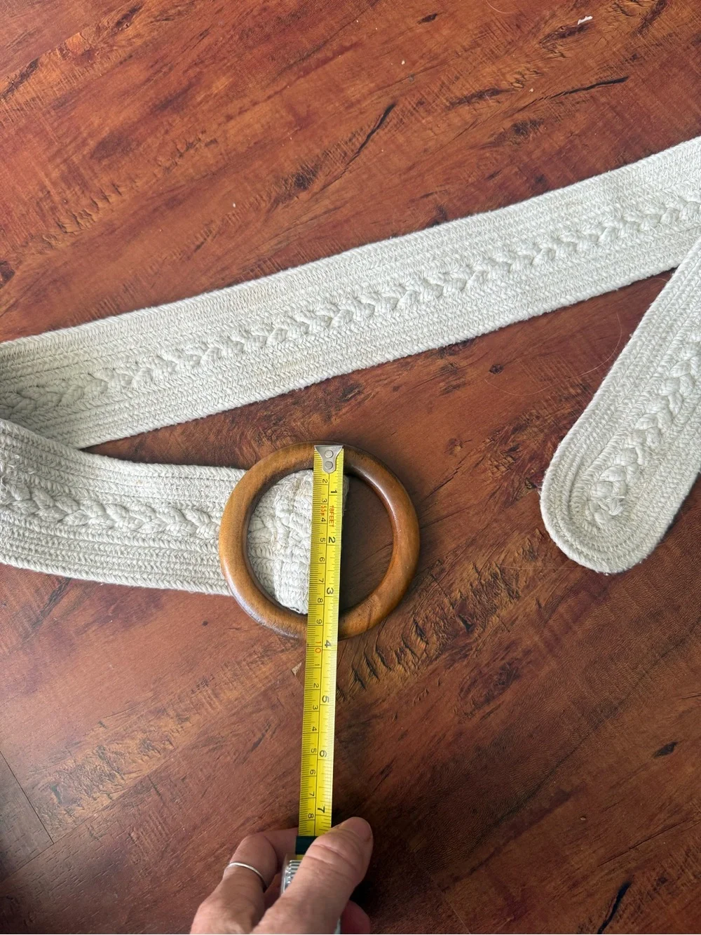 Wooden Ring Belt with Braided Cream Strap